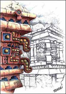 Maya Illustrations and Drawings of Ruins, Temples and Structures by Steve Radzi
