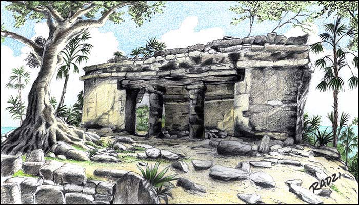 Steve Radzi illustrations of Maya structures
