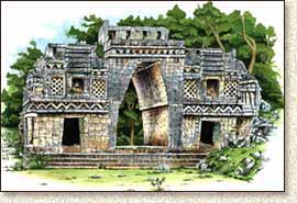 Maya temple illustration of Kabah by Steve Radzi