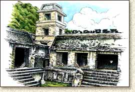 Mayan illustration of Palenque by Steve Radz